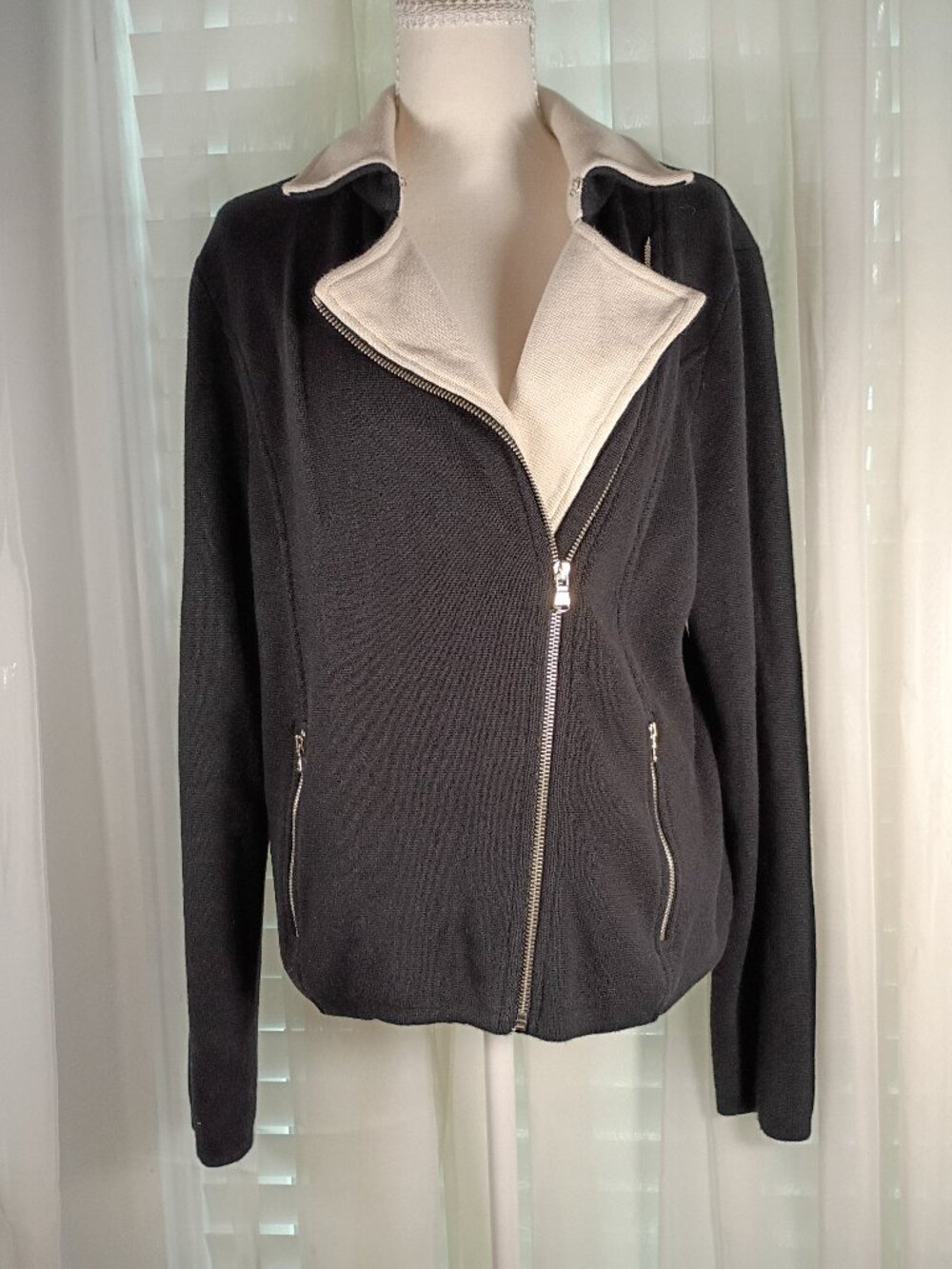 Lauren by Ralph Lauren Black Knit Moto-inspired Jacket Size L